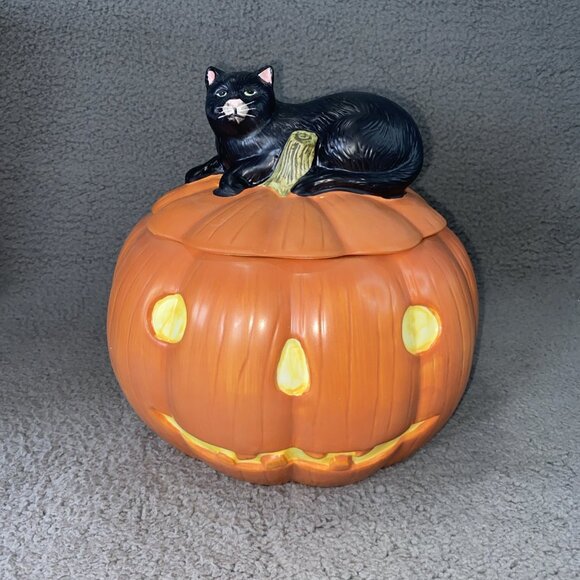 Sakura David Carter Brown Halloween Pumpkin with Black Cat Hollow Cookie Jar - Picture 2 of 8